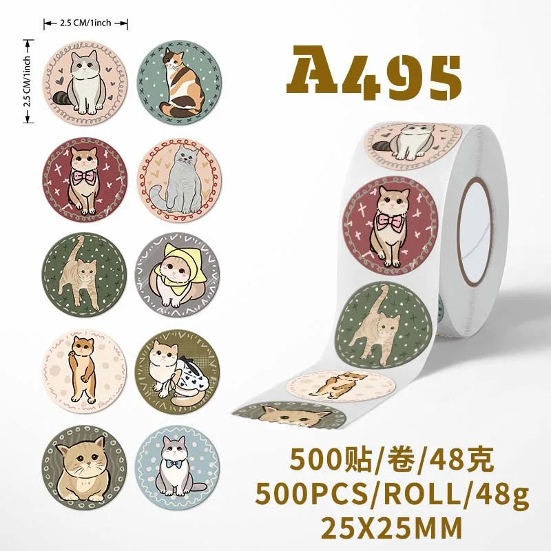 

500pcs/Roll Cartoon Cat Round Sealing Sticker DIY PVC Laptop Decals Decoration Stiker Reward Gift Toys