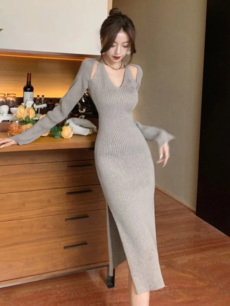 

Autumn Winter Korean Vintage Knitted Sweater Long Sleeve Dresses Woman's Elegant Slim V-Neck Warm Casual Party Sweater Dress G97