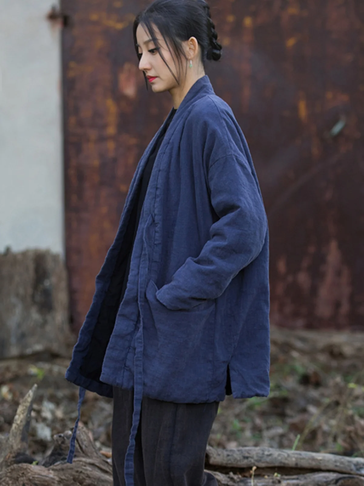 Retro Style V-Neck Tied Cotton Linen Jacket Warm Artistic Vintage Zen Atmosphere Cotton Outerwear Top Hanfu Chinese Clothing