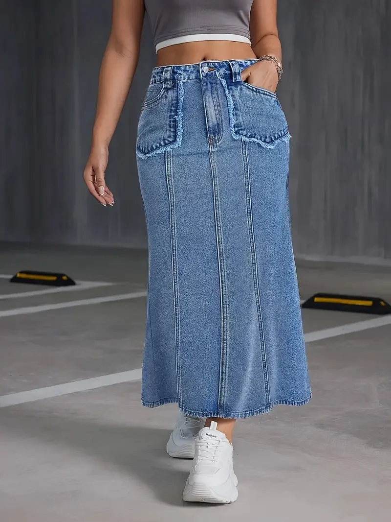 Women's Mid-Length Skirt New Style Stretch Denim Fabric with Pockets Joint Bones Feature view 4