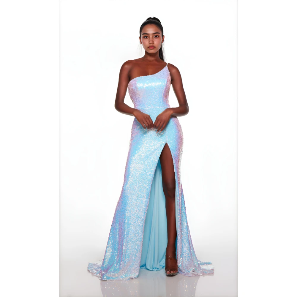 

ESBRIDE Elegant Dresses for Parties 2025 Couture Luxury Evening Dresses Blue One-shoulder Floor-Length Sleeveless Ball Gown