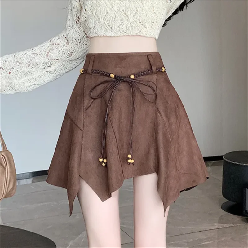 Faldas irregulares, Falda corta para niña, falda acampanada de cintura alta por debajo de la rodilla de gamuza Vintage, pantalones de seguridad con múltiples cinturones, falda integrada