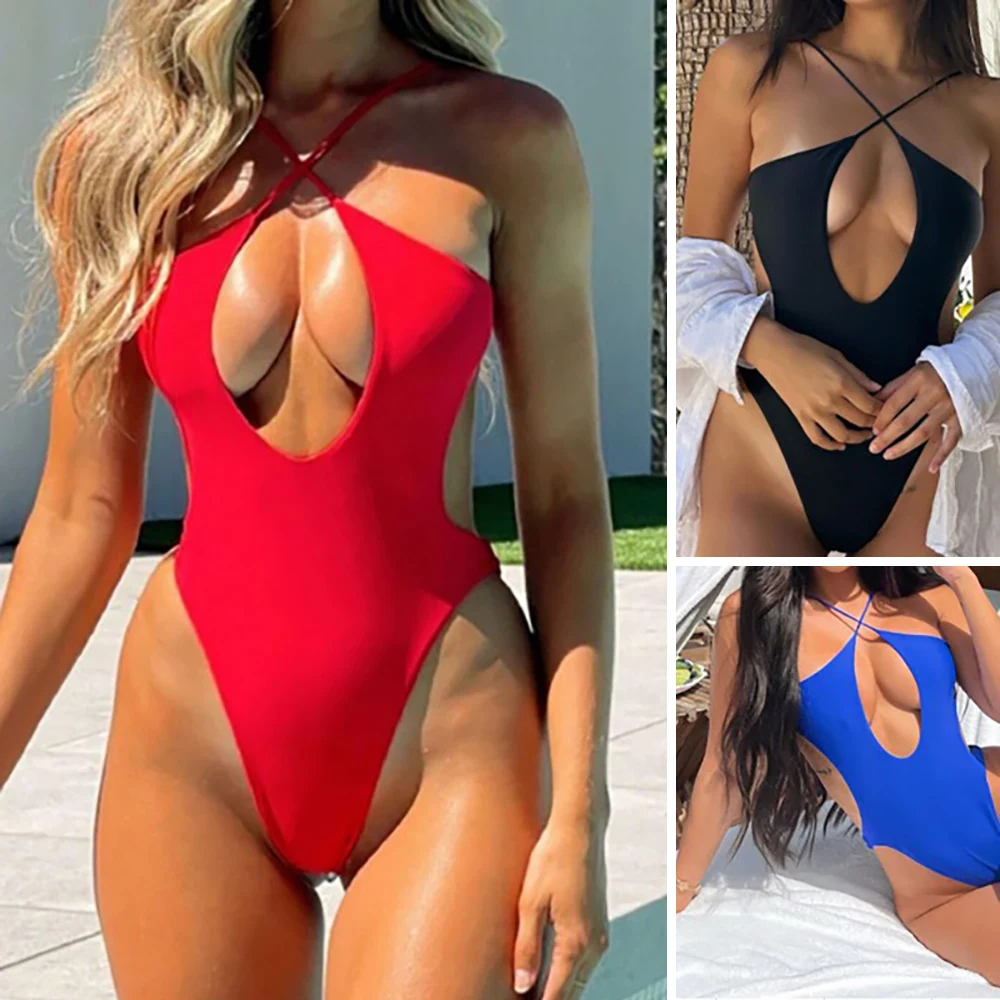 

Sexy High Cut Out Monokini One Piece Swimsuit for Women Cross Halter Bathing Suit Padded Push Up Swimwear Beach Wear Swim Suit