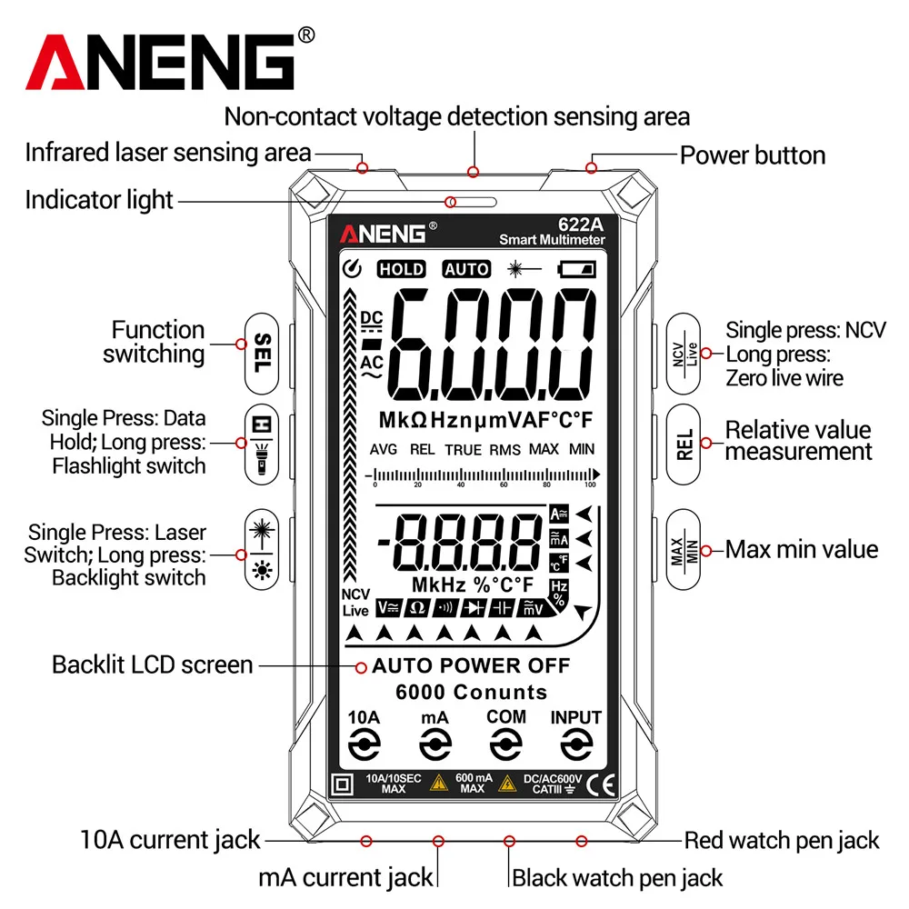 ANENG 622A 6000 conteggi Laser a infrarossi multimetro intelligente AC/DC misuratore di tensione misuratore di corrente rilevatore NCV diodo Hz