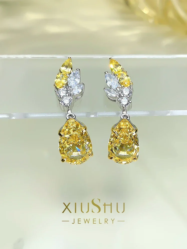 100% 925 Sterling Silver Earrings with Yellow Droplets Inlaid Imported High Carbon Diamond Temperament Wedding Jewelry Wholesale