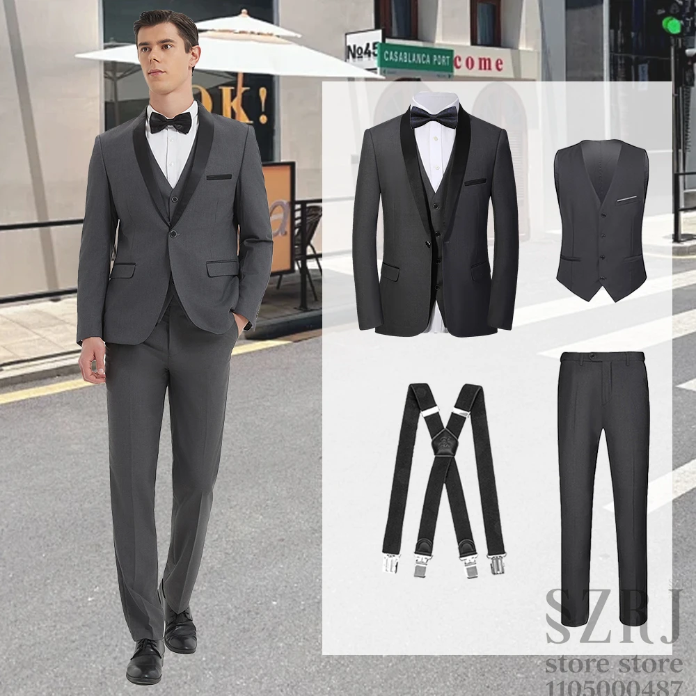

Комплект мужского костюма из 4 предметов — пиджак + жилет + брюки + бретели | Качественная ткань, регулируемая талия. | Вечеринка/Свадьба/Выпускной