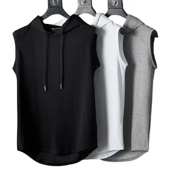 Mens Sleeveless Hooded Tank Tops Summer Gym Bodybuilding Fitness Sport Workout Singlet Solid Color Sports Vest