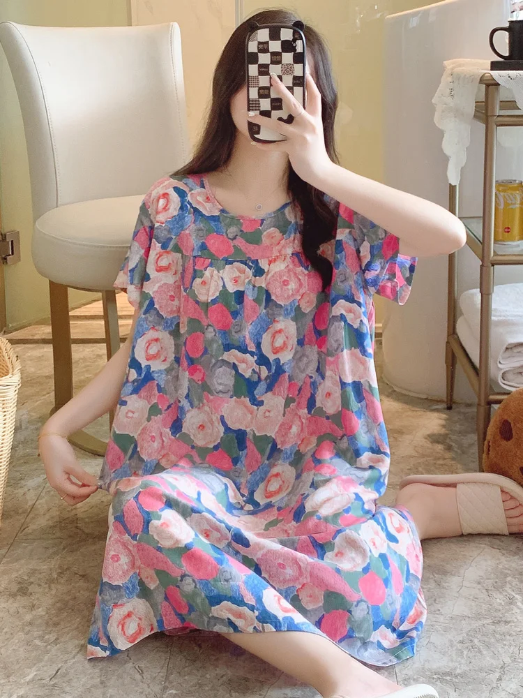 Cool Feeling Cotton Silk Sleep Dress Women's Summer Ultra-Thin Short Sleeve Home Dress Large Size Floral Print Comfortable Ni...
