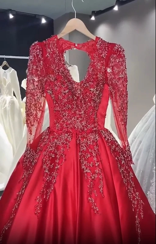 Abiti da sposa rossi Abito da cerimonia nuziale con scollo a V profondo Abito da ballo da sposa a maniche lunghe Colore e dimensioni personalizzati 2025