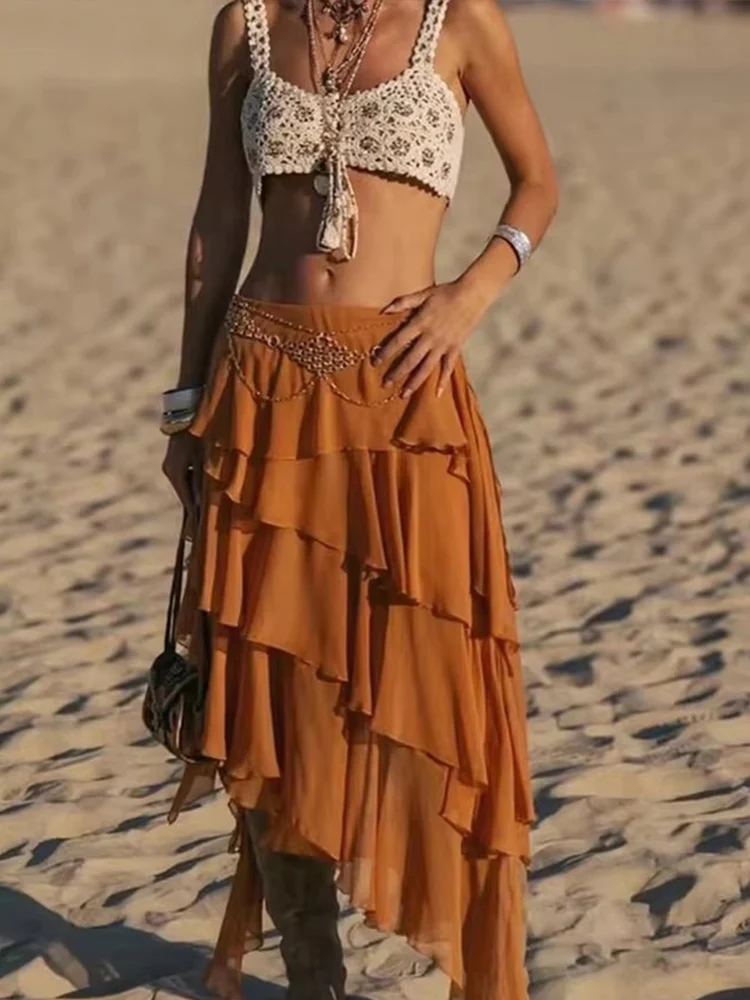 

Chic Elegant Ruffles Long Skirts For Women Fashion 2025 New Asymmetric Vintage Midi Skirt High Street Casual Holiday Skirts