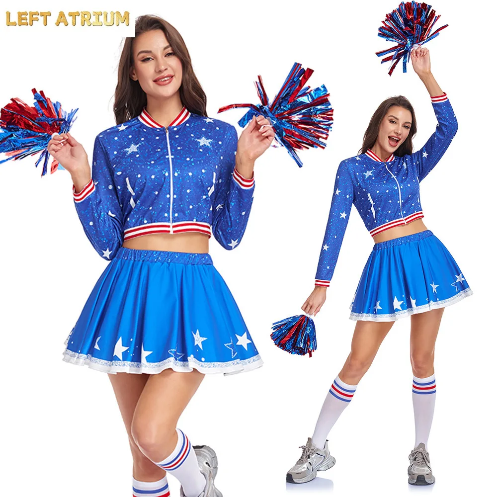 Women Girls Youth Cheering Team Uniform Blue White Star Costume Cheerball Set Sports Competition Theme Party Outfit view 6