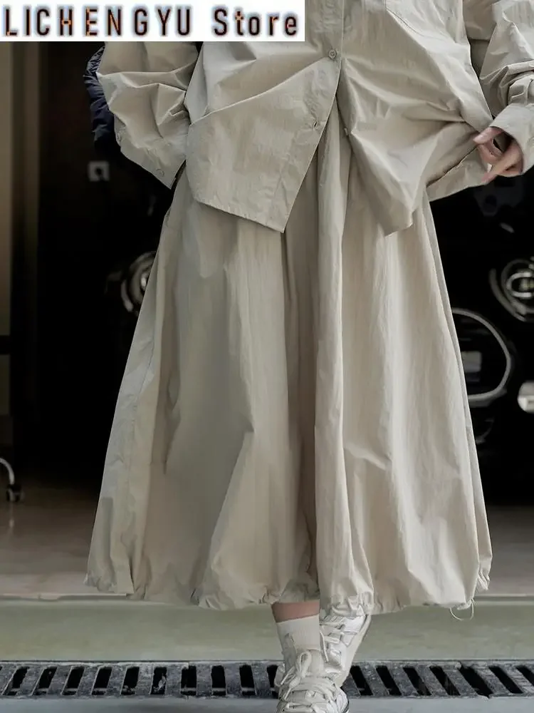 High Elastic Waist Loose Fit Khaki Drawstring Casual Half-body Skirt Women Fashion Tide New Spring Autumn