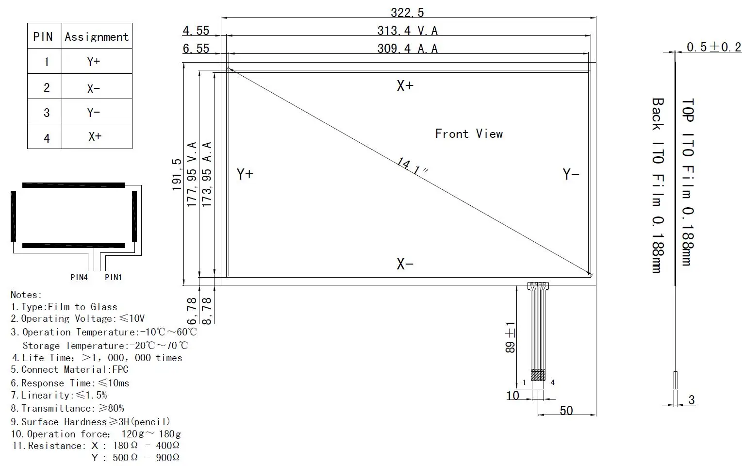 لوحة تعمل باللمس مقاس 14 بوصة ، 4 أسلاك ، مقاومة ، لشاشة LCD مقاس 14.1 بوصة 1366 × 768