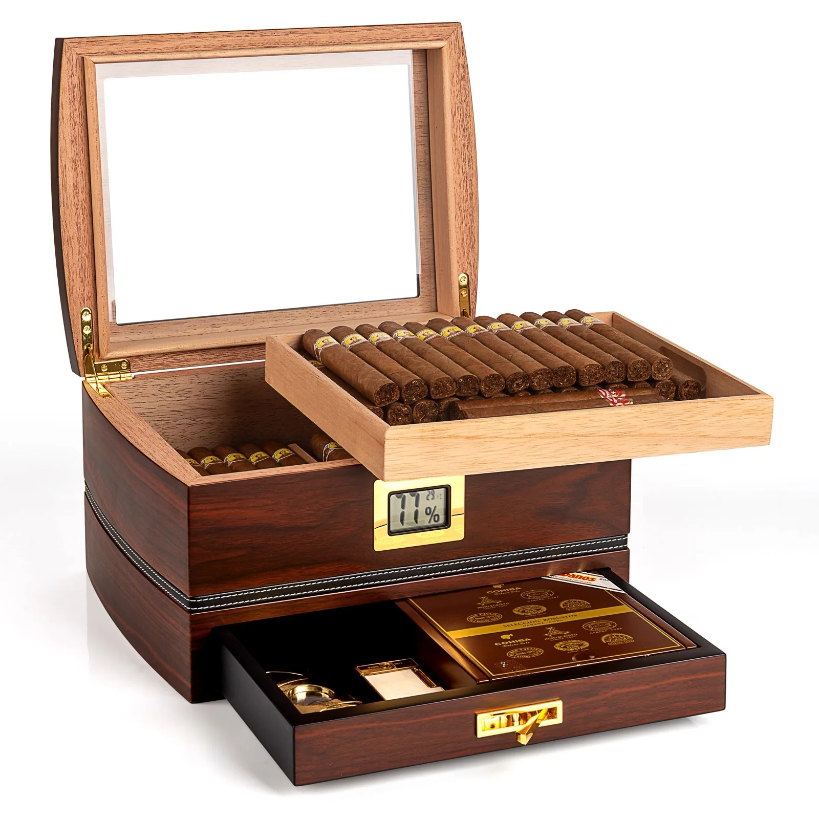 Large Capacity Glass Top Cigar Box, Front Hygrometer, Humidifier, Divider, Accessory Drawer, Men's Cigar Box Gift (Brown).