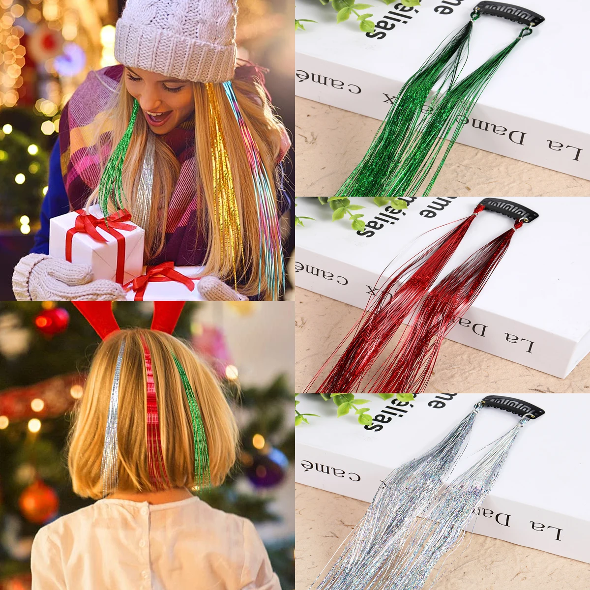 Straight Synthetic Shiny Sparkle Hair Tinsel 1Clip in One Piece Hair Extension Blue Brown Green Pink Highlighted Color