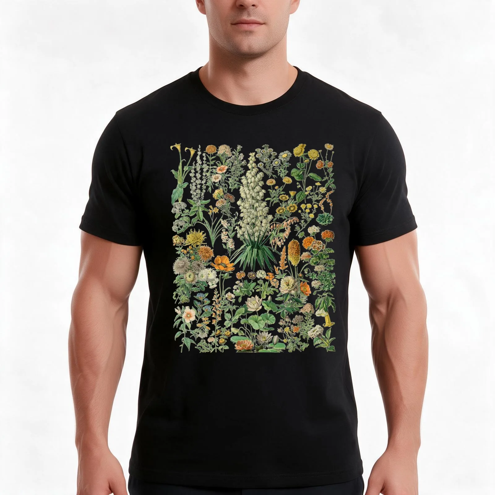 Vintage Inspired Flower Botanical Chart T-Shirt, Summer Casual Cotton Tee, Oversized Streetwear Tops, Vintage Graphic Print