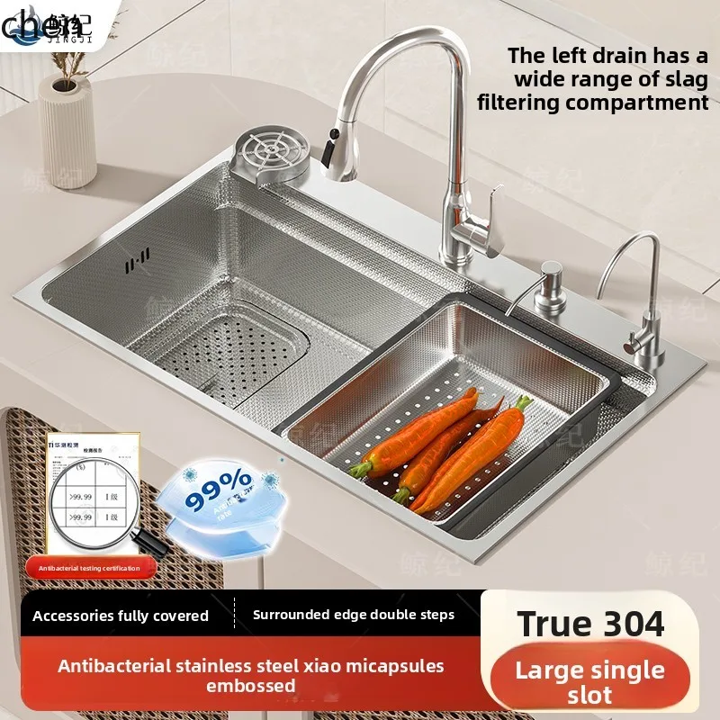 

HTT Kitchen Sink SUS304 Stainless Steel Sink Small Grain Thickened Handmade Large Single Bowl Household Vegetable Washing Basin