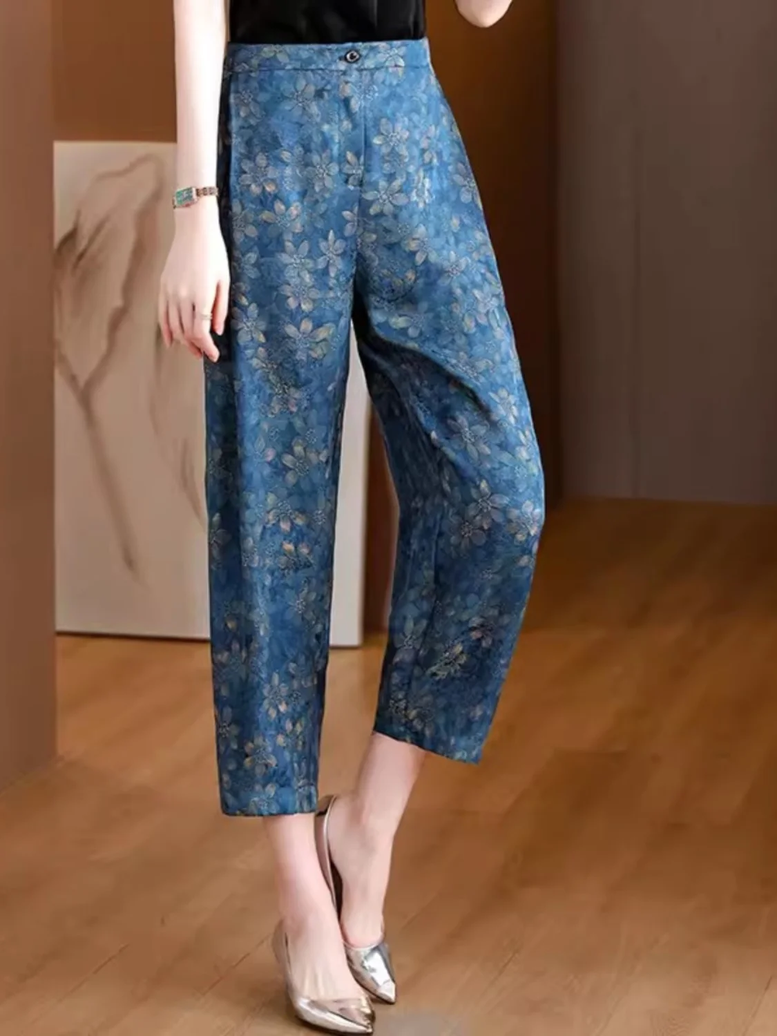 Pantaloni a carota in vita elastica Pantaloni lunghi slim fit con stampa in seta estiva Pantaloni casual a gamba dritta a vita alta da donna