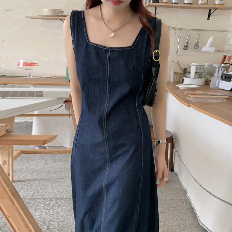 Retro Quadrat Kragen Slim Fit Weste Design Sommer Chic Denim Dr frauen Hohe Taille Langen Rock Sle Svel Koreanische faion