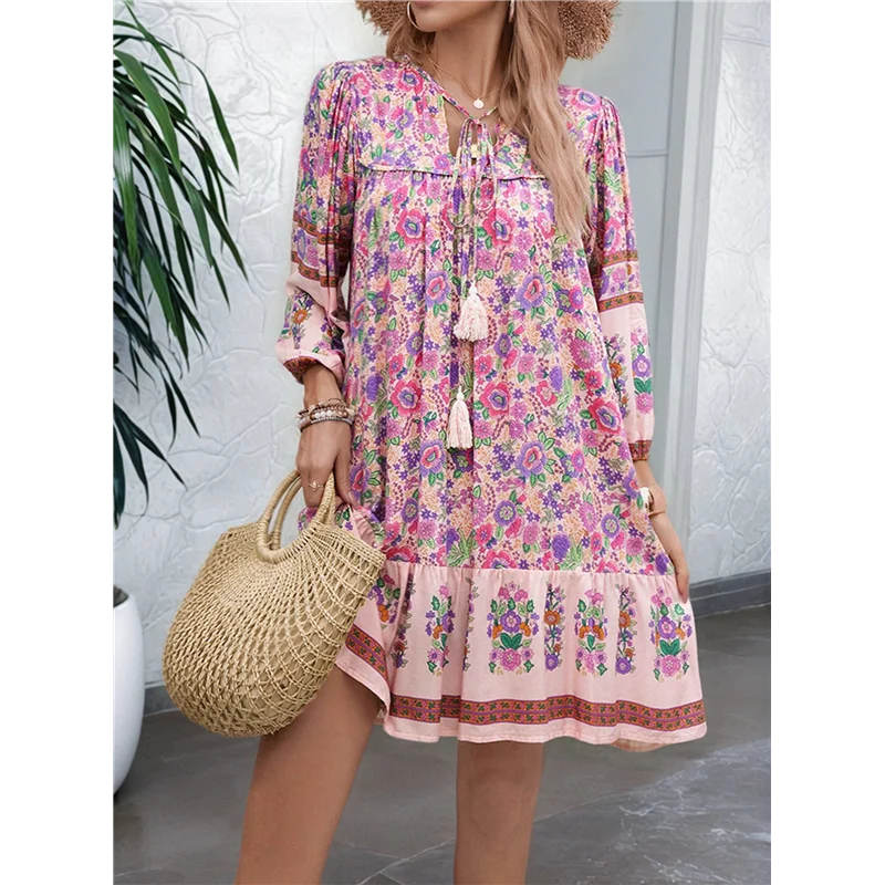 【】Women Casual Spring Summer Dresses V Neck 3/4 Long Sleeve Floral Flowy Boho Babydoll Mini Short Beach Dress