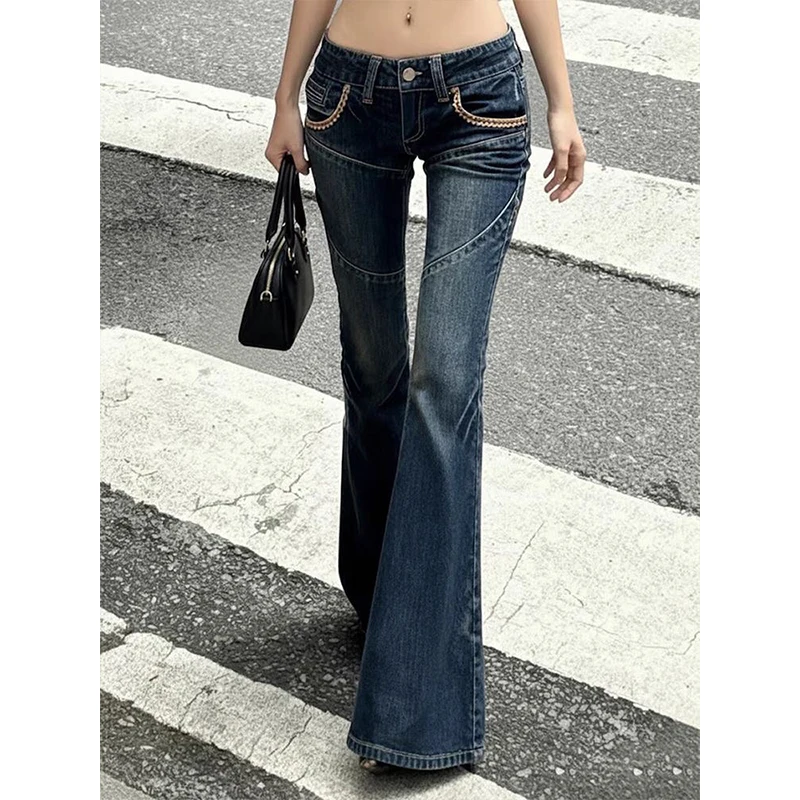 

Женские винтажные черные джинсы клеш Y2K с низкой посадкой, облегающие джинсовые брюки-клеш, американский ретро-стиль 2000-х, весна 2026