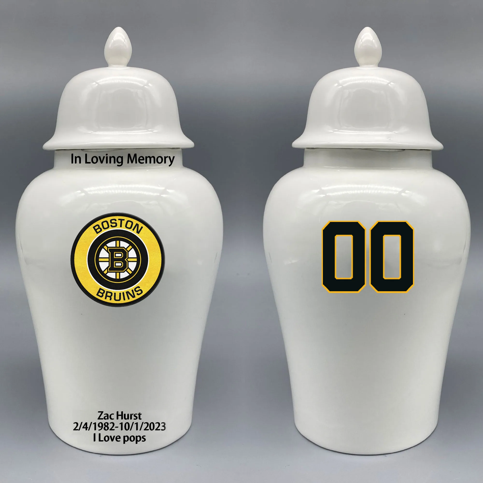 

Large Urn for Boston Bruins-themed Hockey Urn.Please send me the customize information-name/date and number on the urn