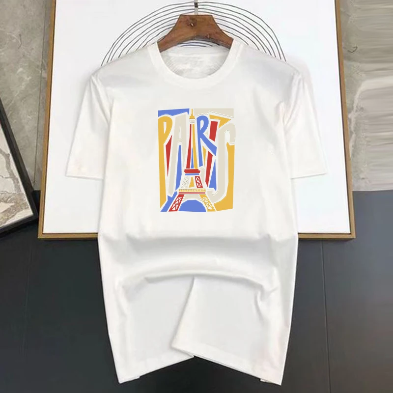 Colours New Paris Print Men\'s Summer Vintage Casual Pure Cotton Oversized T-shirt Streetwear Casual Fashion Clothing