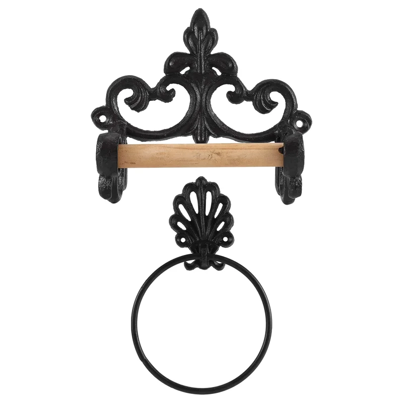 

A67P-Black Toilet Roll Holder Towel Holder Set,Bathroom Cast Iron Towel Ring Toilet Roll Holder Wall Mounted, Vintage Design