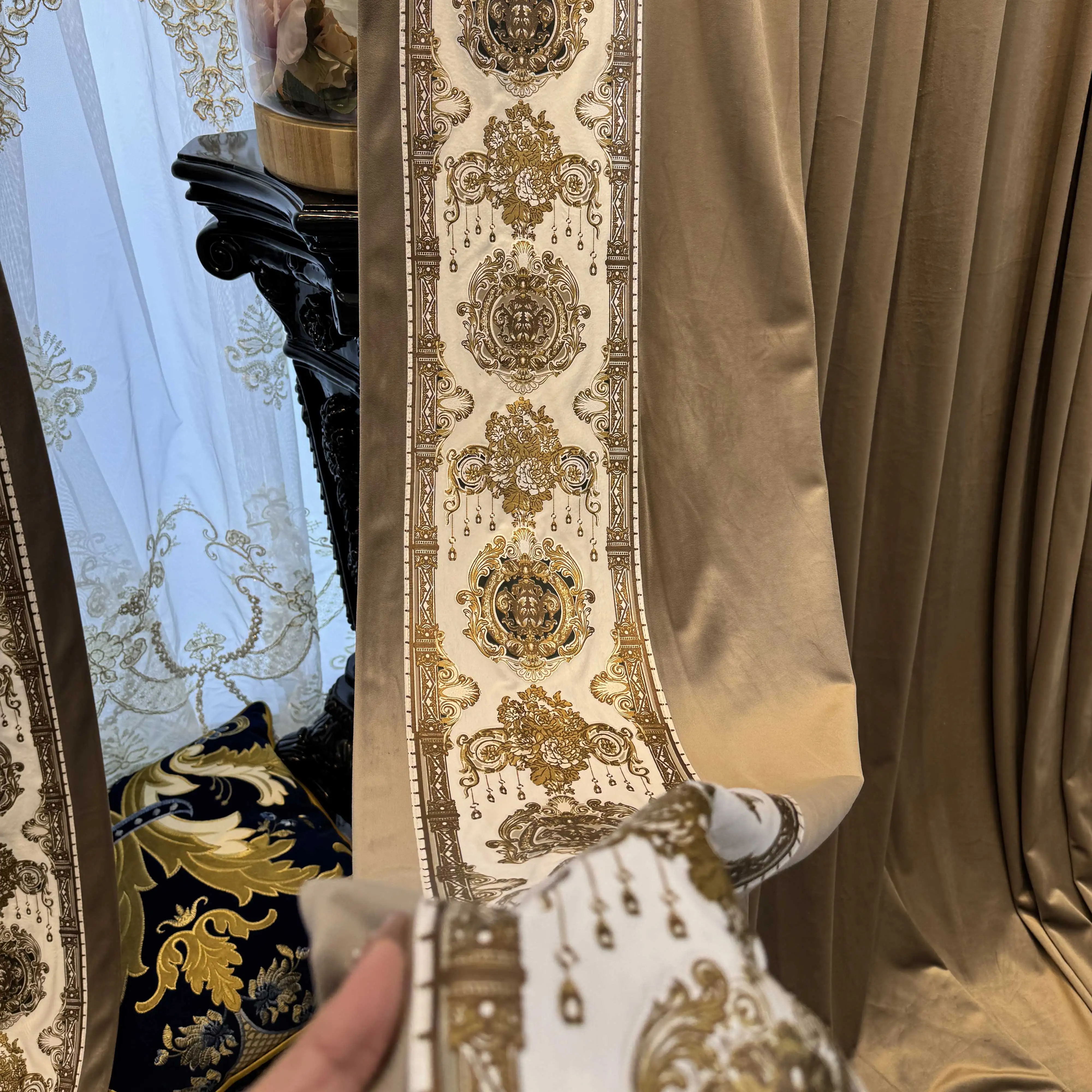 

Custom European style elegant coffee lace velvet embroidered bedroom living room cloth blackout curtain tulle drape M1794