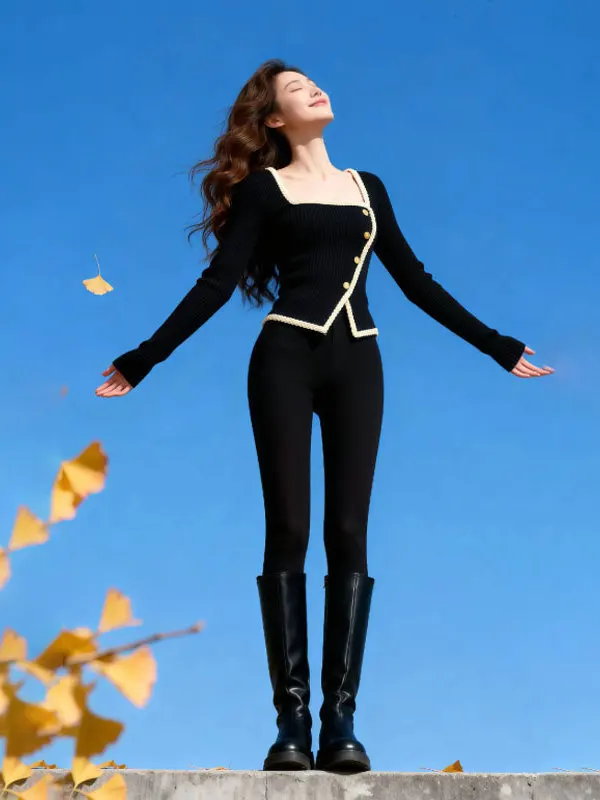 

Женский вязаный свитер Ele Long Sve с квадратным вырезом, облегающий, модный, для зимы, для прогулок, офиса и повседневной носки