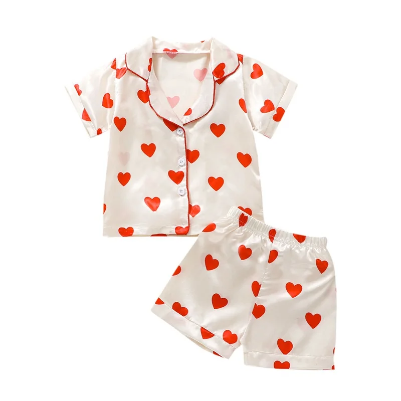 Pudcoco Kids Baby Girls Valentine Pajamas Sets Heart Print Button Short Sleeves Shirt and Elastic Shorts Loungewear Sleepwear