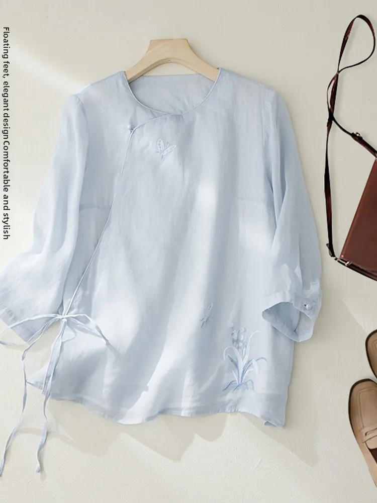 

New Chinese Sle Cotton Linen irt Women Summer Vintage National Sle Heavy Embroidery Seven Sve Linen Top