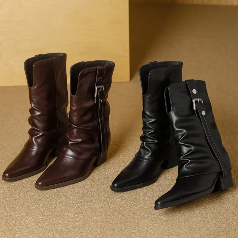 Autumn Winter Fashion Pointed Toe Slouchy Women's Boots Chunky Heel Buckle Mid Calf Knight Pant Boots Black Brown Shoes Botas