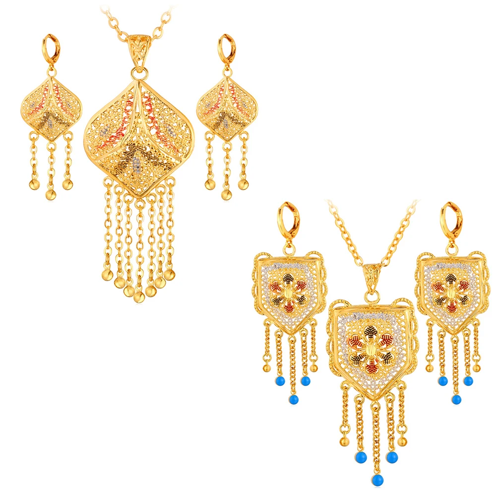 U7 Gold Color Jewelry Set Wedding Accessories Indian Trendy Tassels Party Long Earrings Necklace  For Women Gift S632