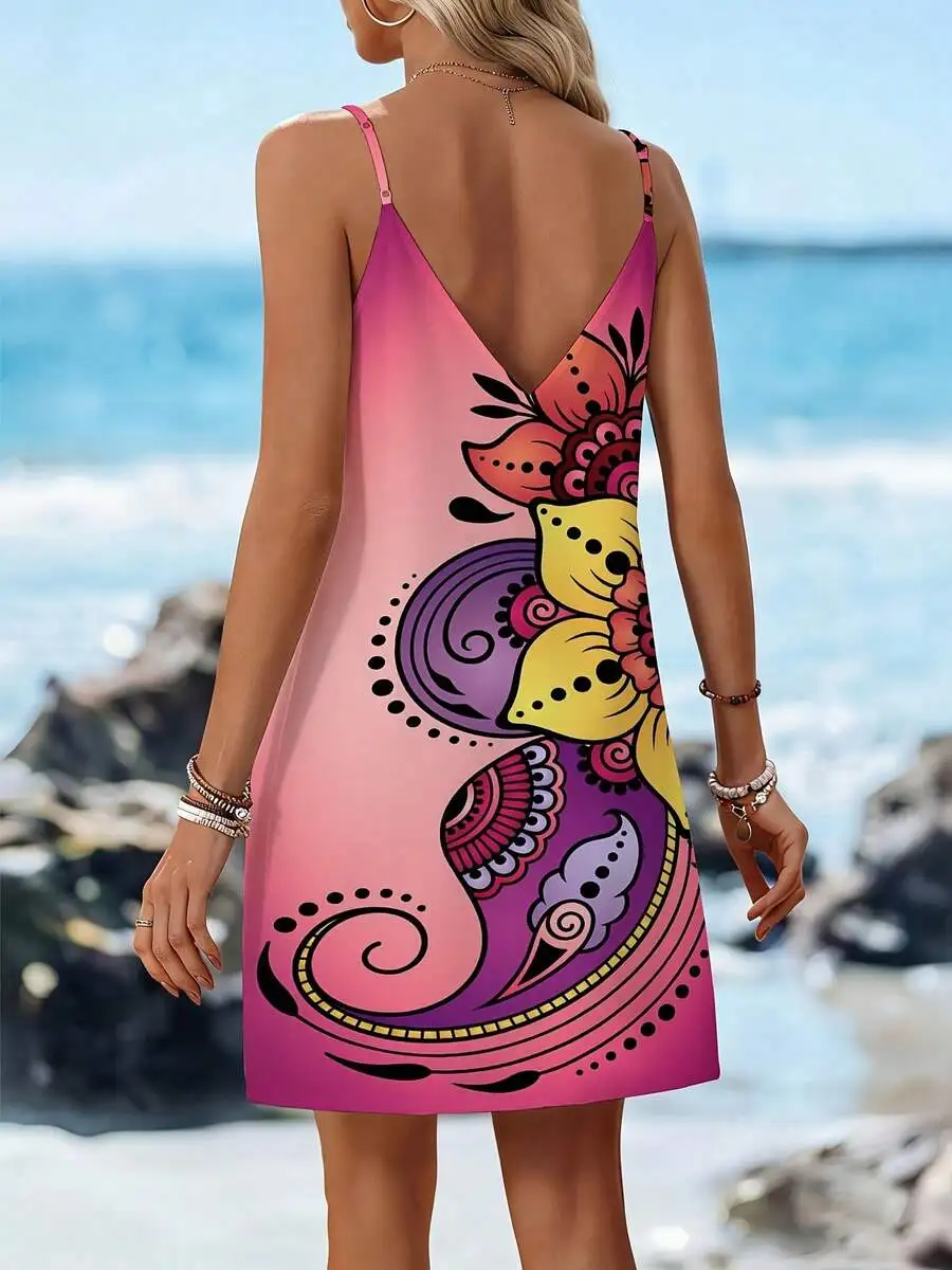 

Women Adjustable Thin Strap V Neck Backless Mini Dress Floral Mandala Pattern Beach Vacation Dress