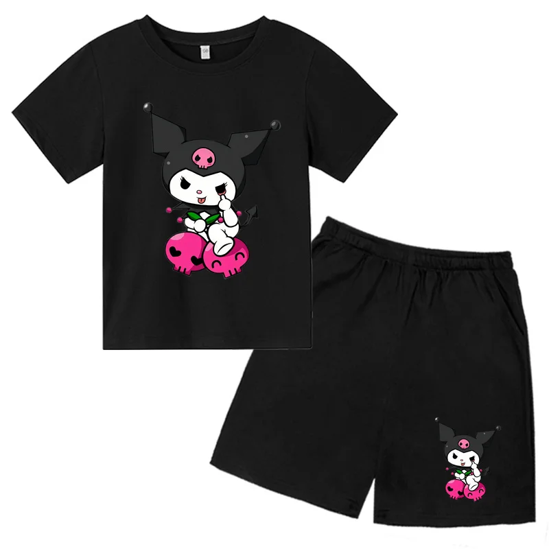 Kids hot selling T-shirt Sanlio anime printed casual sports two-piece set for boys and girls aged 2-12, short sleeved top+shorts