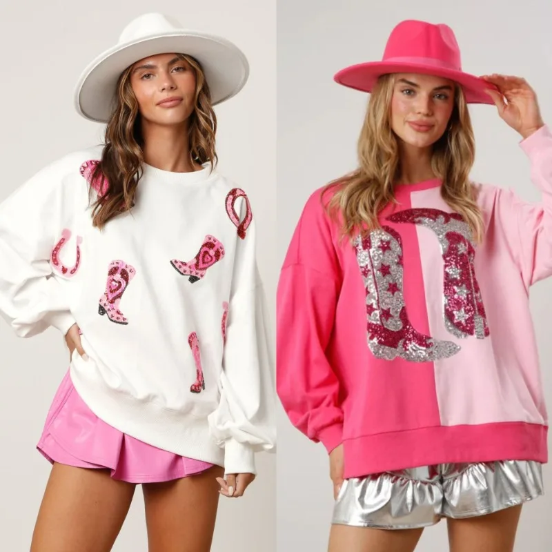 Sudadera con lentejuelas y estampado de botas para mujer, Jersey versátil de manga larga a la moda, primavera y otoño, novedad de 2024