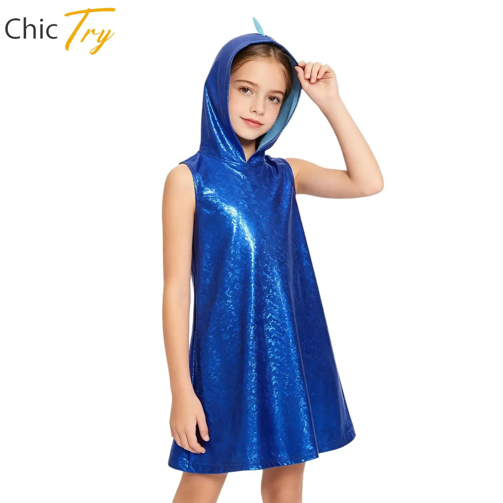 

Girls Dinosaur Dress Metallic Gloss Dragon Hooded 3D Tail Design Dress for Teens Halloween Christmas Fancy Dress Up Costume