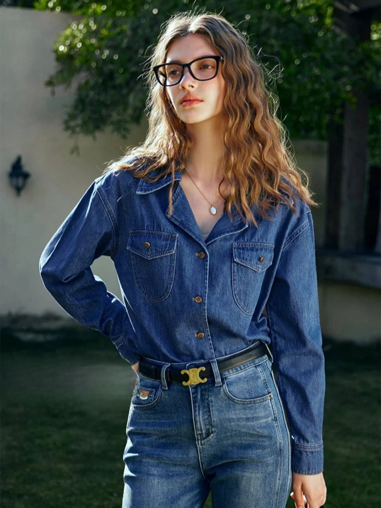 OLrain frauen Blau Denim Hemd Vintage Oversize Damen Tops Casual drehen-unten Kragen Tasche Gerade Weibliche Shirts O24CC83309