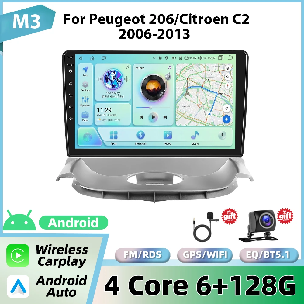 Podofo autoradio voor Peugeot 206 2004-2008/Citroen C2 2006-2013 met draadloze CarPlay, Android Auto, GPS, FM, WiFi, BT en multimedia stereo.