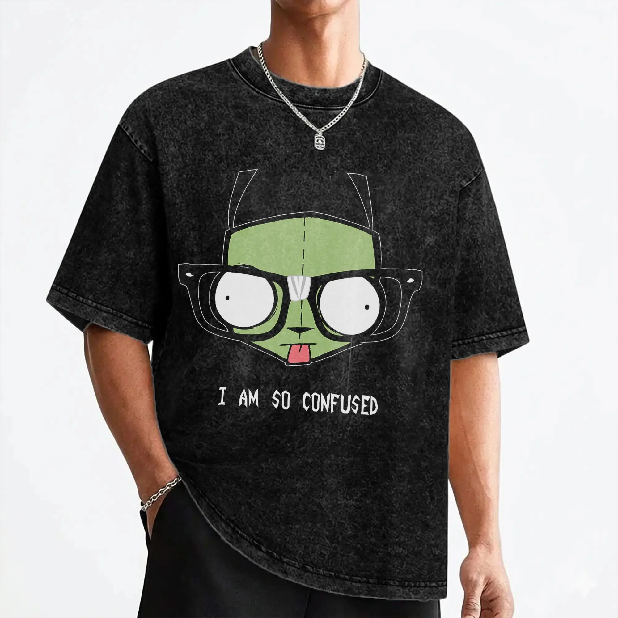 Invaders Zim Gir I Am So Confused Washed T Shirt Streetwear Retro T-Shirt  Tee Shirt Men Women Cotton Oversize Printed