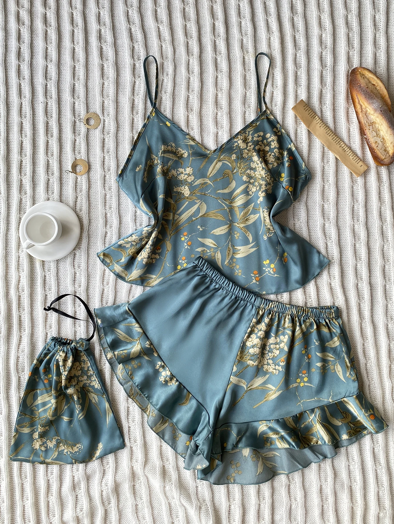 Elegante Cami-Tops mit Blumendruck, Rüschensaum, Shorts, Pyjama-Set, Damen-Nachtwäsche, Loungewear – Detail 7