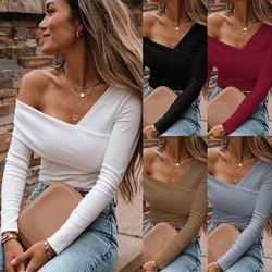 Women T Shirt V Neck Slim Fit Solid Tops Full Sleeve One Shoulder Pullovers Spring 2024 Ladies Base Layers Slight Strech