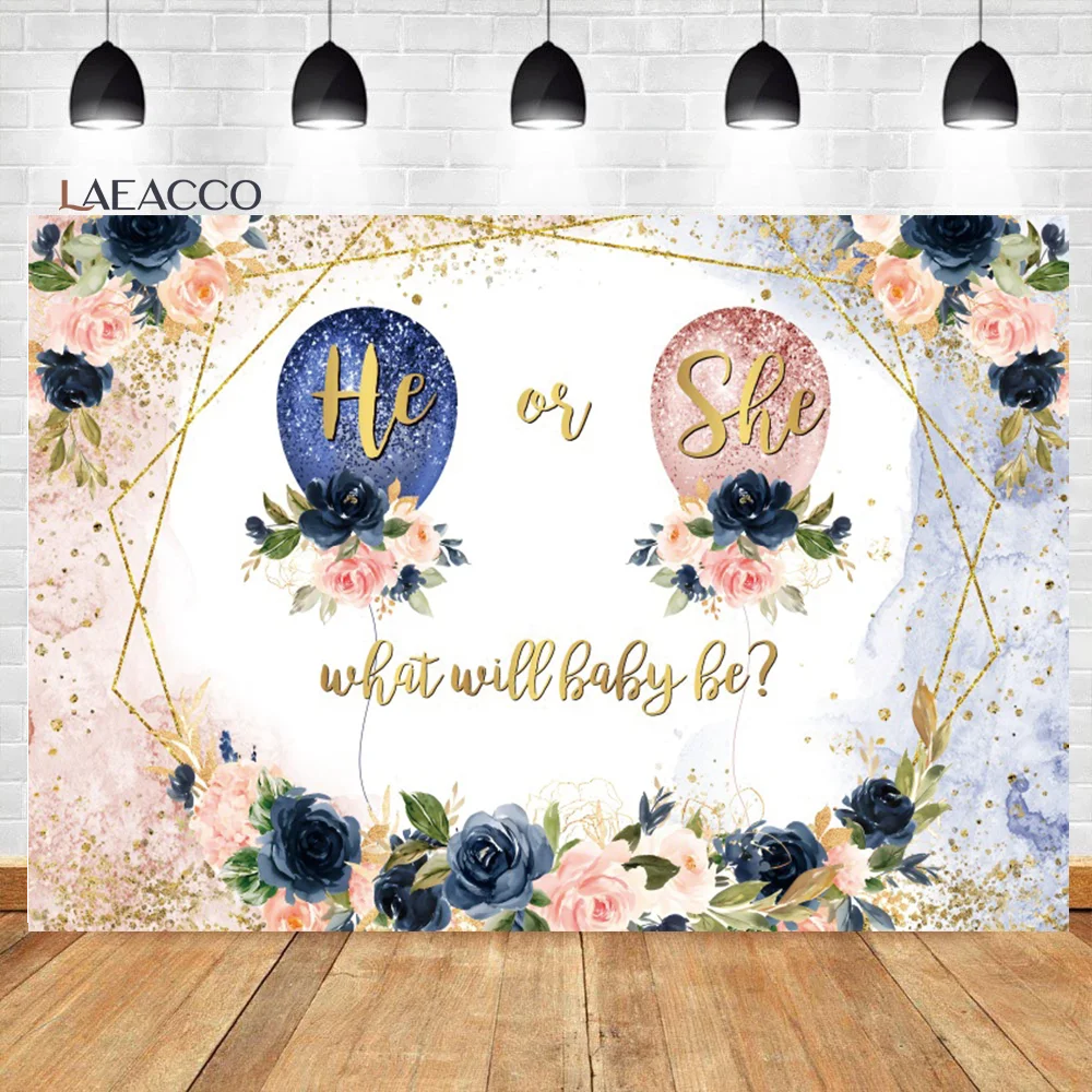 

Laeacco Boy or Girl Gender Reveal Photo Backdrop Blue Pink Balloon Watercolor Flower Baby Shower Portrait Photography Background