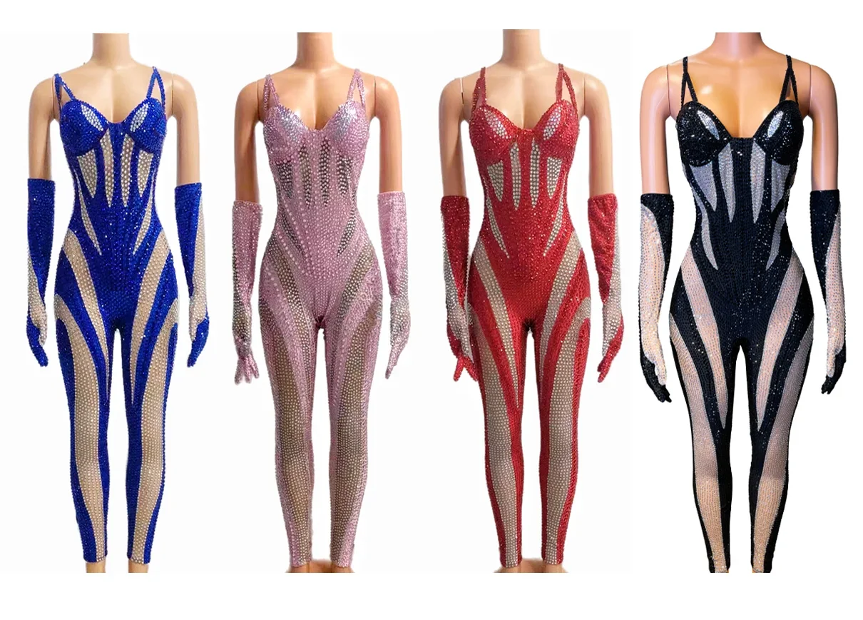 Fashion Design Rhinestones Outfit Jumpsuits Gloves Transparent Birthday Sexy Dance Costume Evening Celebrate Bodysuit baijiahei