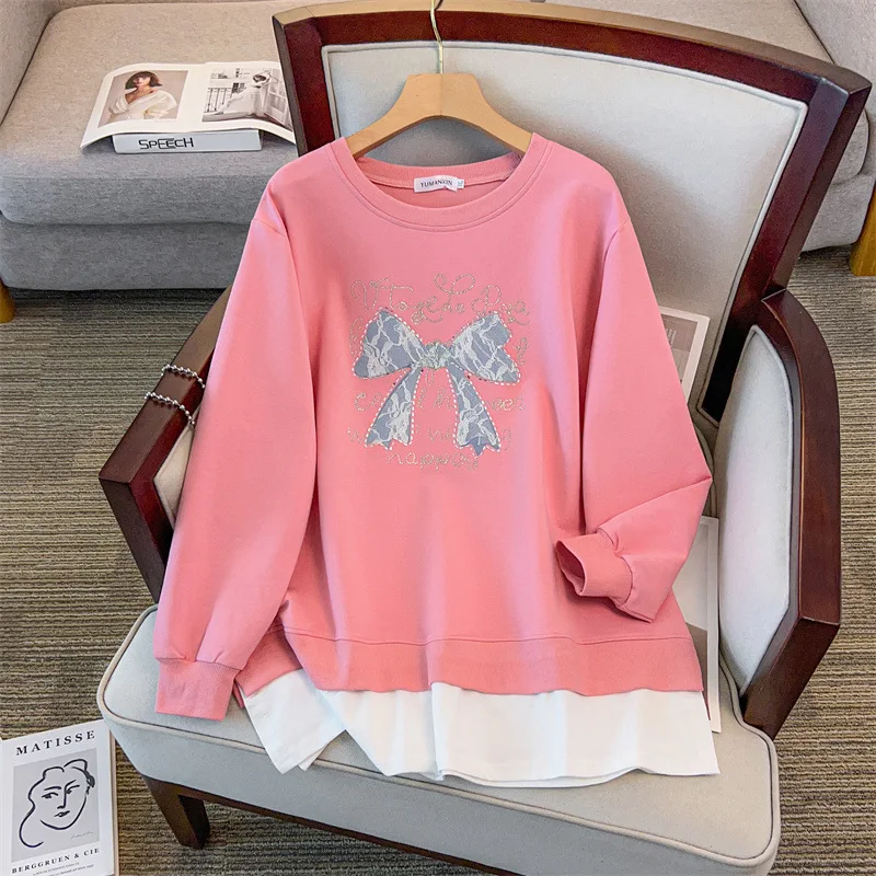 175Kg grande taille femmes buste 170 automne col rond ample à manches longues Patchwork imprimé sweat 4XL 5XL 6XL 7XL 8XL 9XL