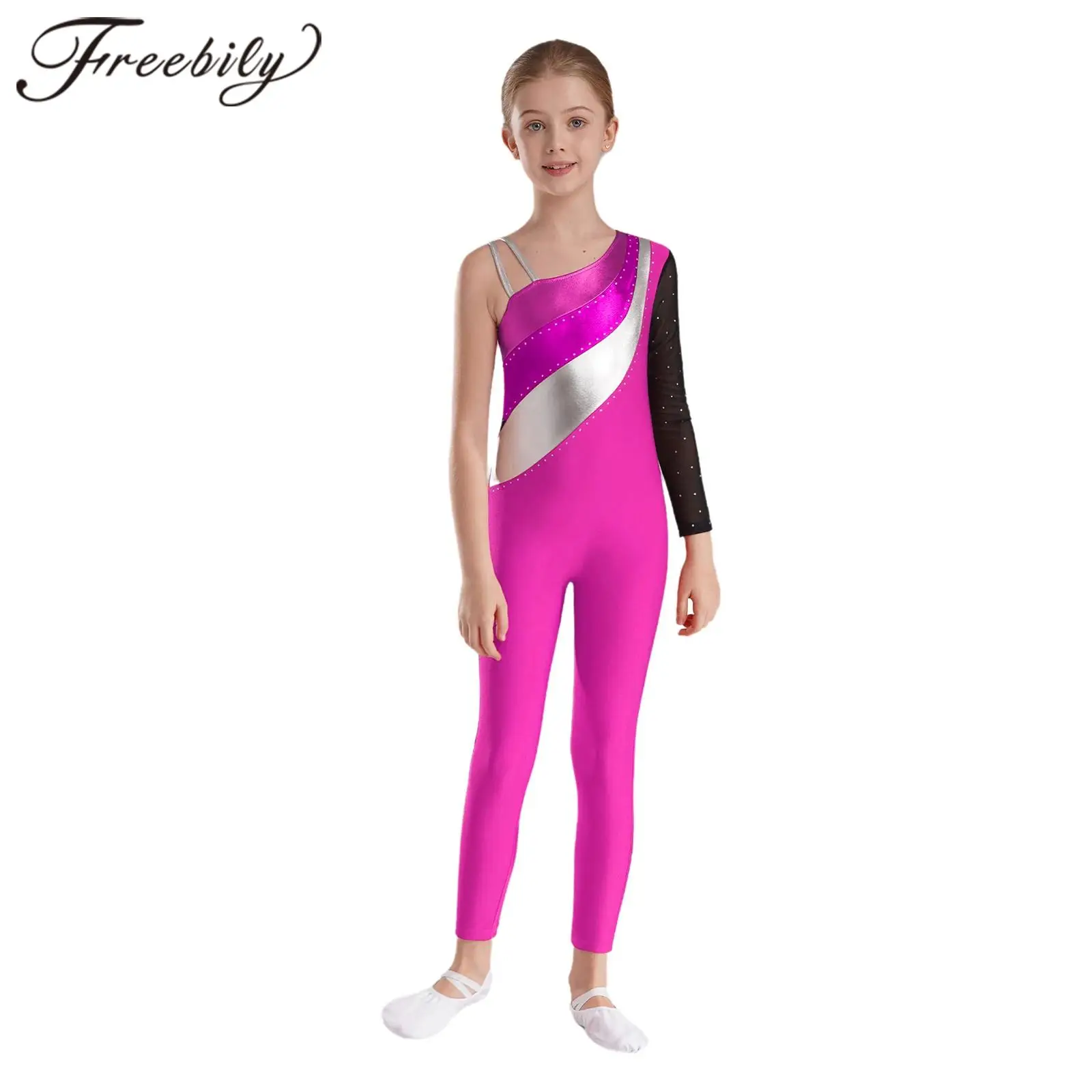 Kids Girls One Shoulder Gymnastics Jumpsuit Children Long Sleeve Metallic Patchwork Figure Skating Bodysuit Teens Dance Leotards