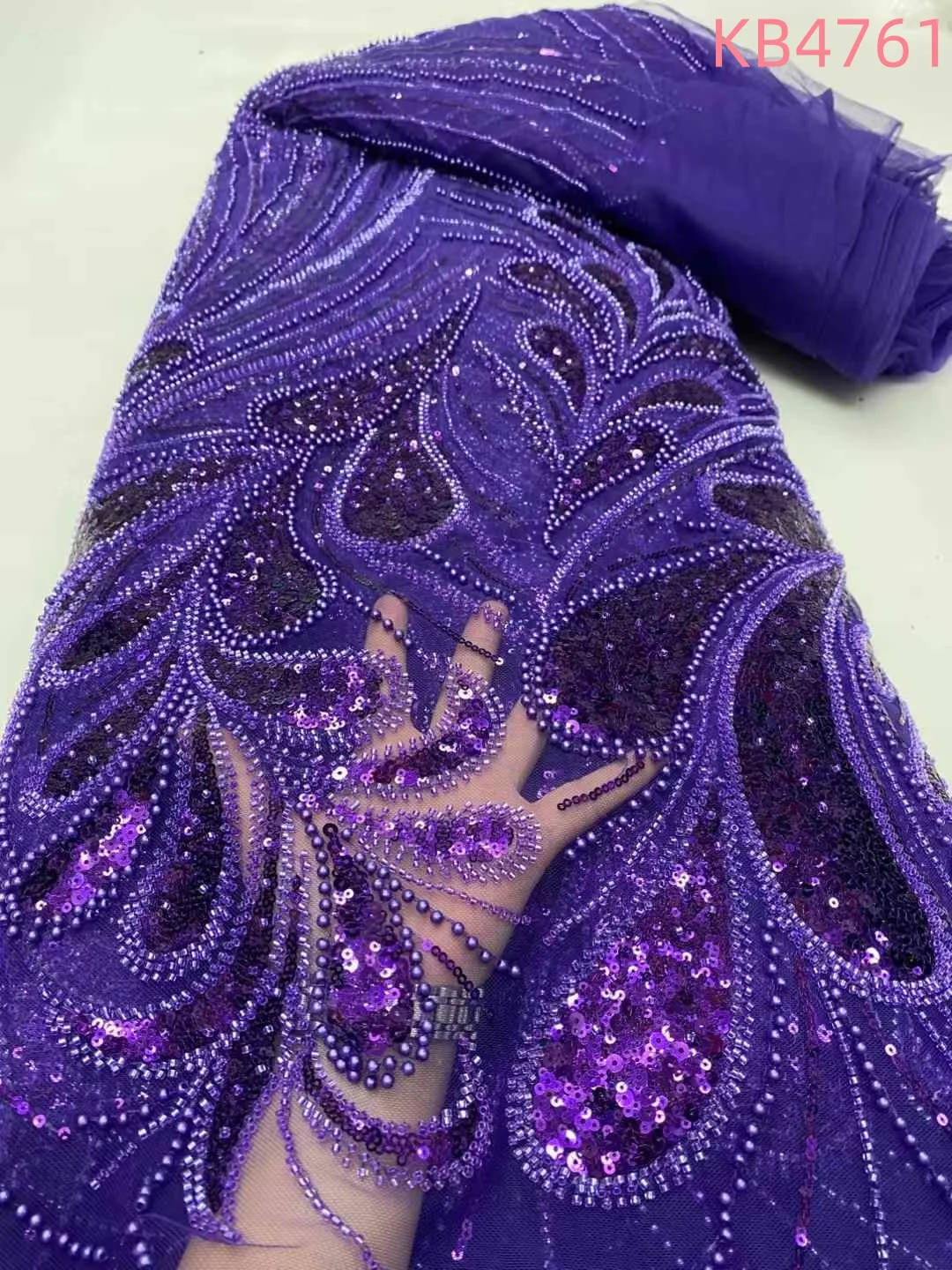 

Nigerian Fabric With Sequins African Lace Fabric 5 Yards High Quality 2025 Purple Beads French Mesh Tulle Lace For Sewing KB4744