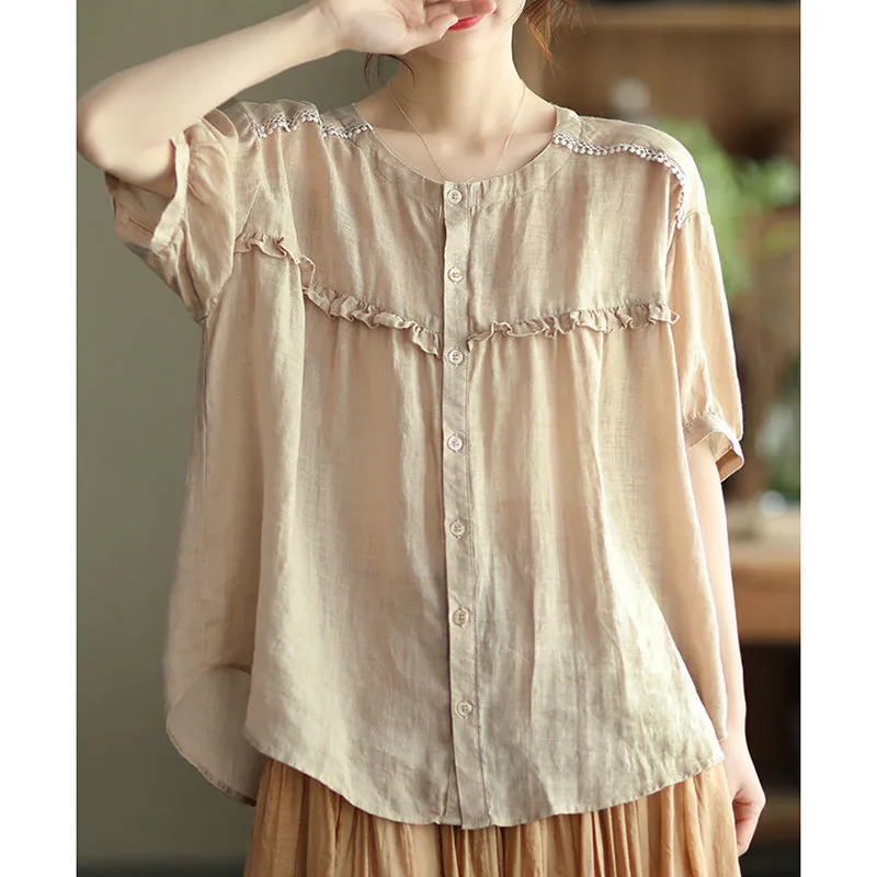 

Свободный топ из хлопка и льна irt ort Sve Doll Sle Top, женский летний модный повседневный круглый топ на пуговицах Pure Color irt