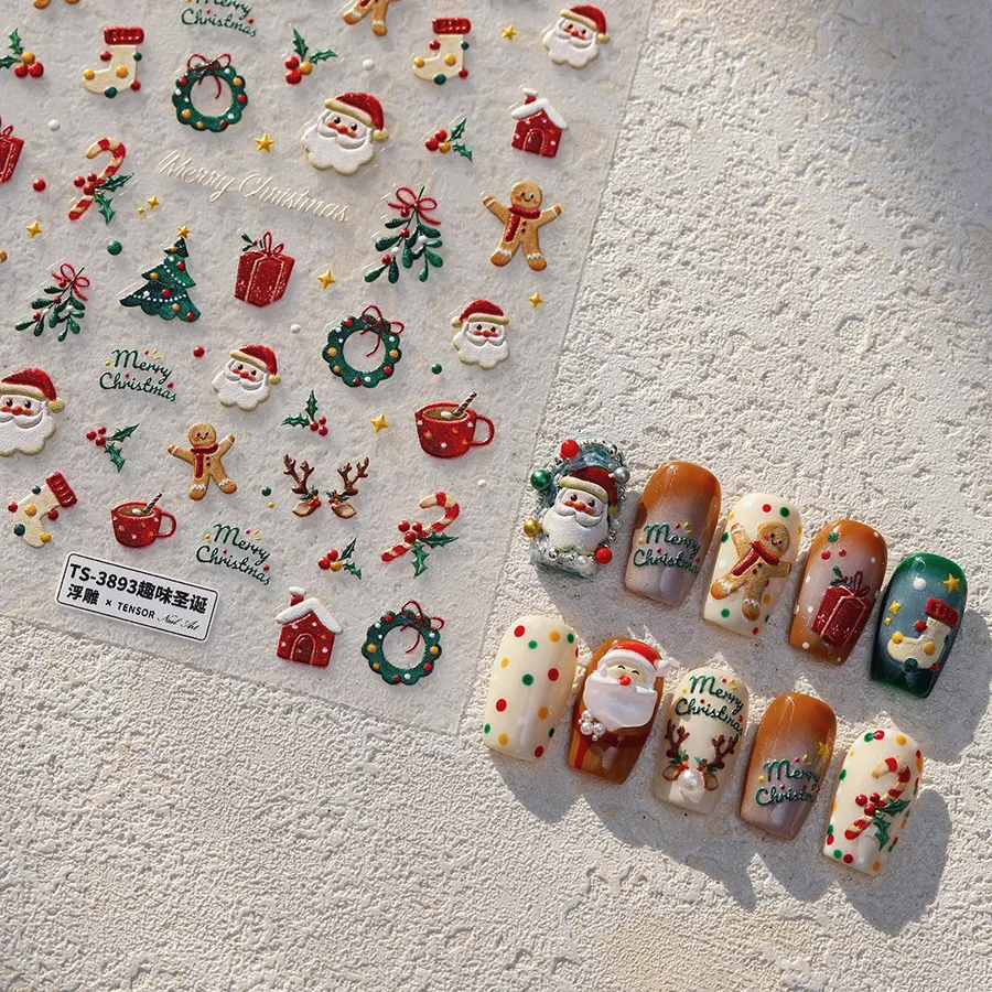 

Christmas Nail Stickers Cute Retro Santa Gingerbread Snowflake Contrast Color Waterproof Non Toxic Self Adhesive for Home Party